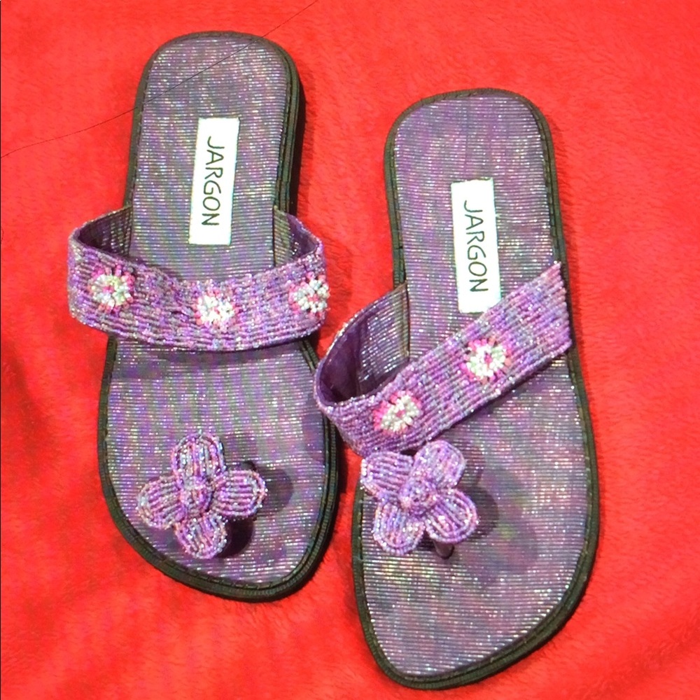 Lavender beaded sandals with flower toe